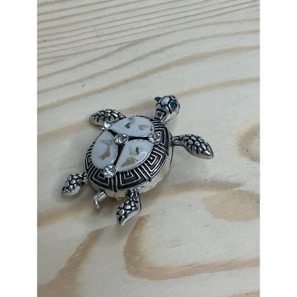 Turtle-Inspired Silver-Tone & Faux Mother-Of-Pearl Brooch Rhinestone Accents